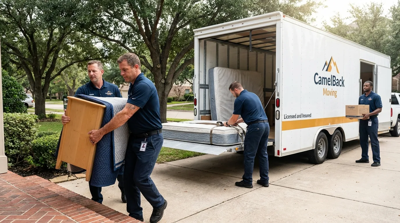 Crew loading residential truck for cross-state move from Peculiar, MO
