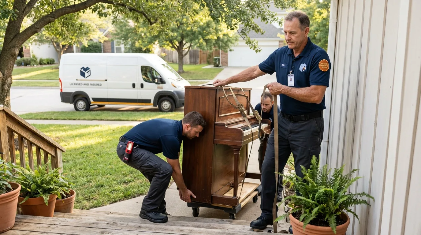 Licensed piano movers securing grand piano in Peculiar, MO