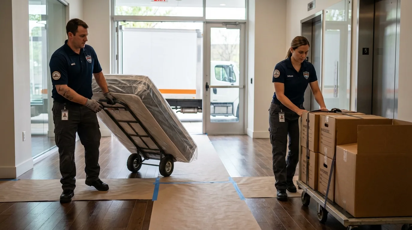 Professional apartment movers loading elevator in Peculiar, MO
