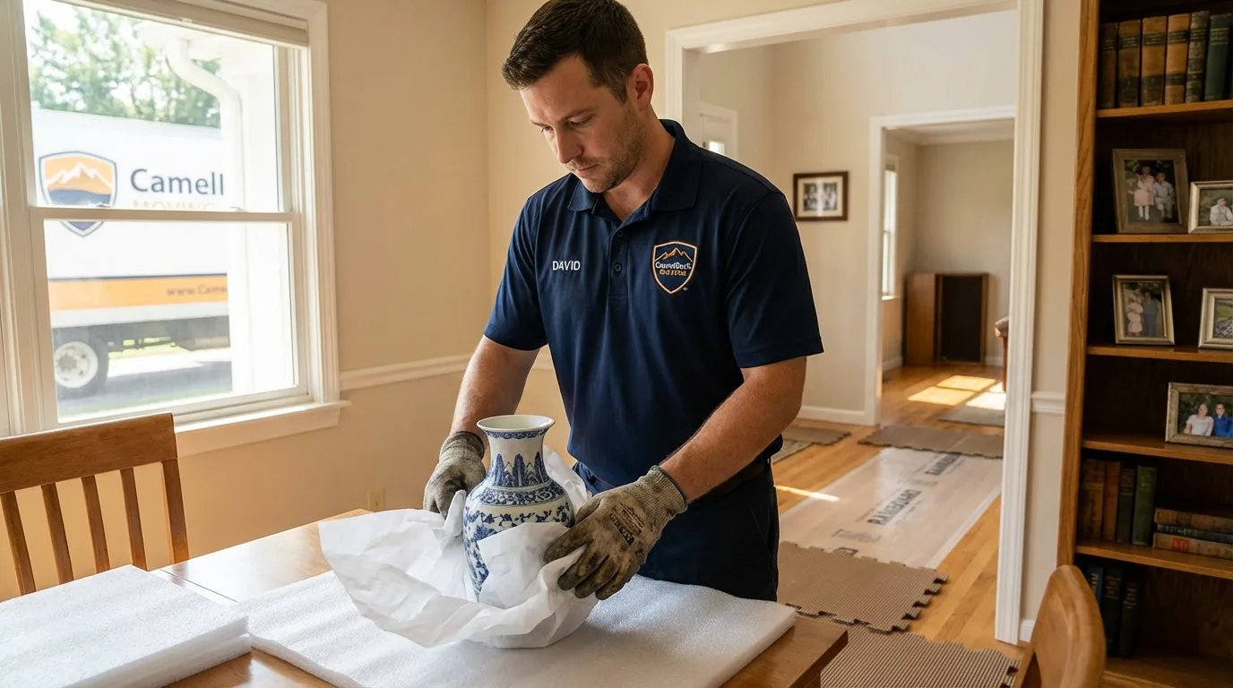 Professional crew carefully wrapping antique vase for senior downsizing move in Peculiar, MO